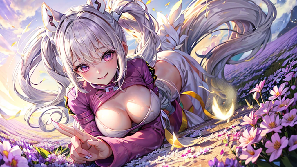 Creating an illustration of a woman, white cat ear, long white twintails, purple cat eyes, Tanned skin, big breasts, She is happy and smiling, She has claws on her fingertips, She has a white cat's tail, She is having fun in a flower field.