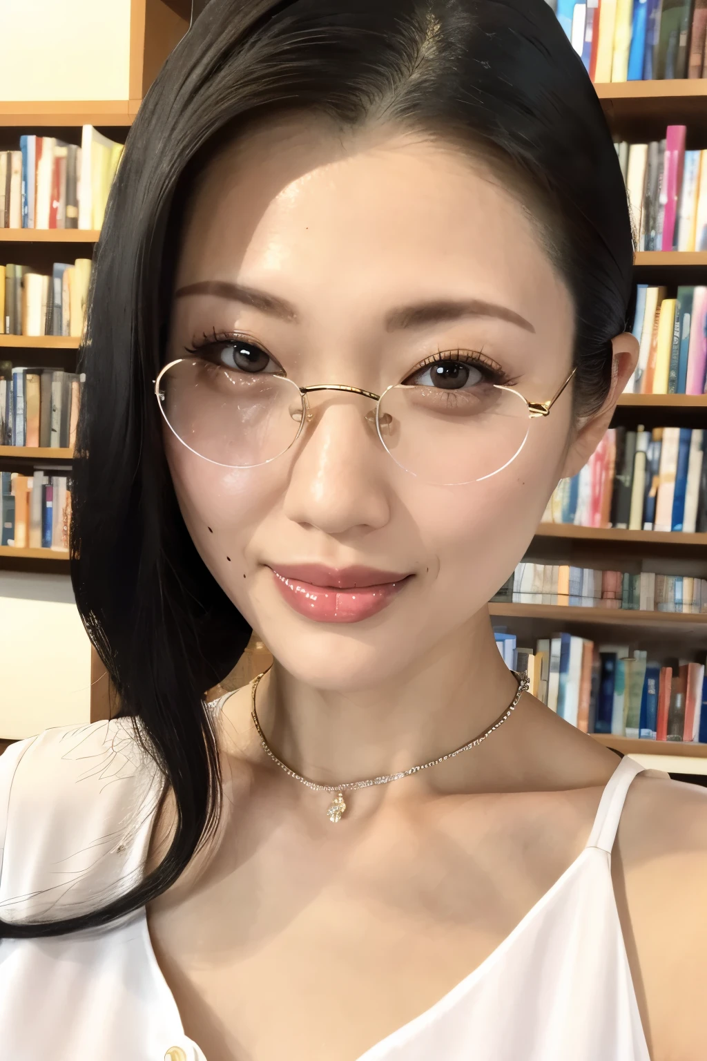 (Highest quality、Tabletop、8K、Award-winning works、Ultra-high resolution、Best image quality)、One beautiful woman、(The perfect sleeveless white open V-neck collar button blouse:1.3)、(Open chest:1.2)、(Cleavage:1.2)、(Elegant round glasses:1.2)、library、(Standing Elegantly:1.1)、(Strongly blurred background:1.1)、Stand next to a bookshelf、(Perfectly organized bookshelf:1.1)、Bookshelf in the background、A cozy library、lipstick、Long eyelashes、Perfect Makeup、Emphasize lines、soft and warm lighting、Detailed bookshelf、(Ultra-high resolution for precise, beautiful hair:1.1)、(Accurate anatomy:1.2)、Ultra-high definition beautiful eyes、(Super bright and radiant skin:1.1)、(Face close-up:1.1)、(Staring at me with a cold, blank look:1.2)