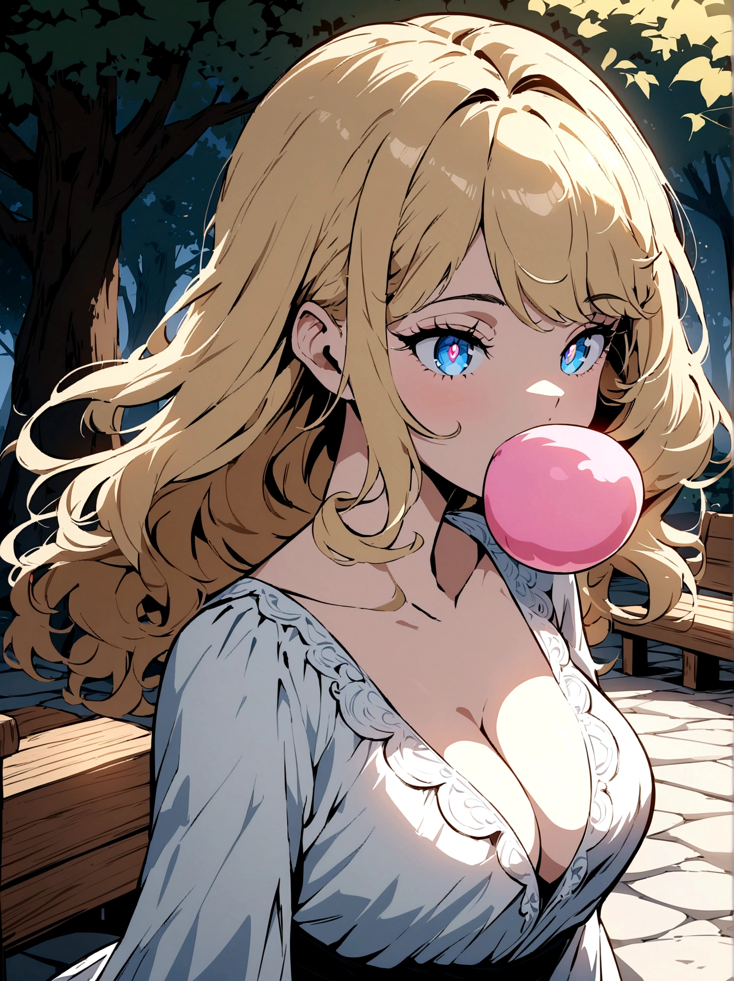 Anime art style, Spoiled brat, blond hair, perfect hair, blue eyes, chic and expensive clothes, magnificent white dress, blowing pink gum, look of superiority, cleavage, daddy's girl park background, stone floor, wooden bench, large trees, hair floating in the wind, upper body view,  majestic make up, majestic face, highres, ultra-detailed, (best quality,4k,highres,masterpiece),subdued colors, vivid colors, professional lighting, detailed lips, detailed eyes.