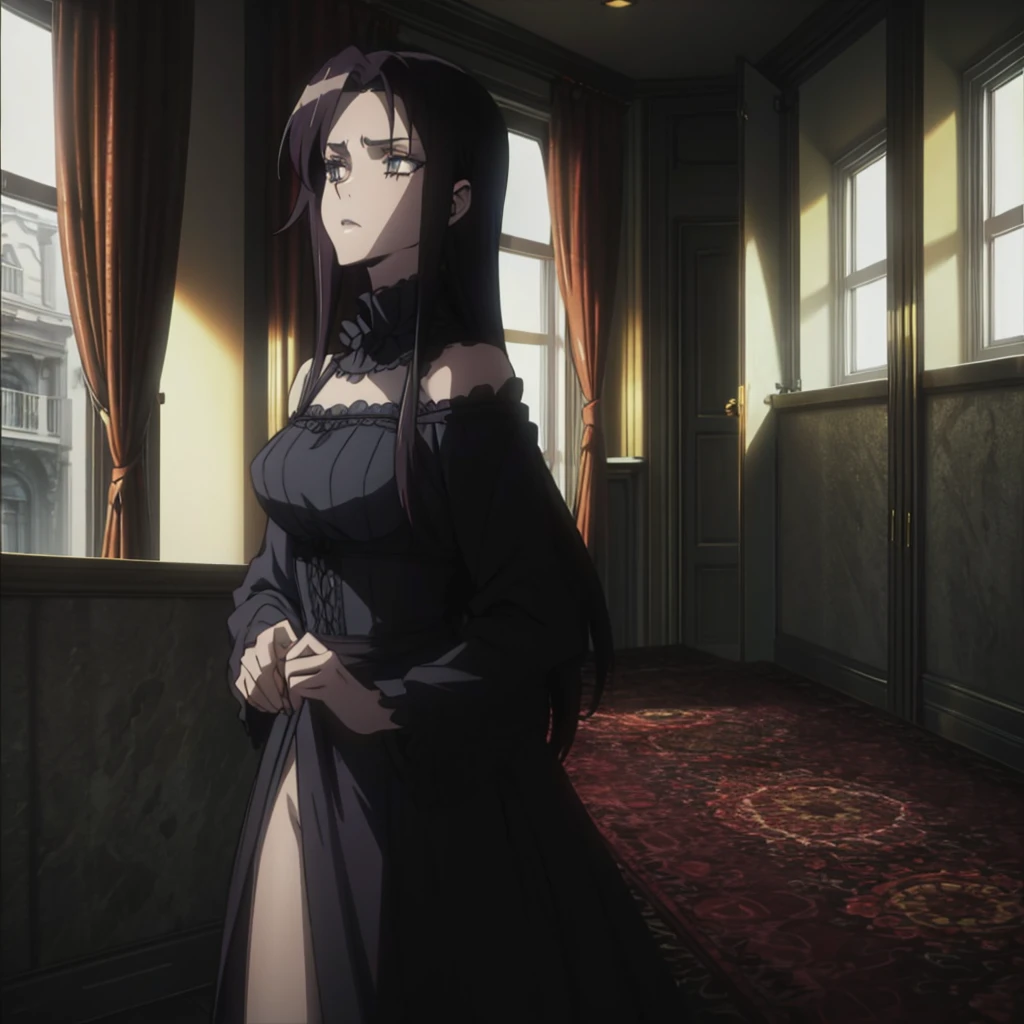 beautiful girl with dark gothic makeup, pale skin, dark hair, black dress, dark and moody atmosphere, dramatic lighting, cinematic composition