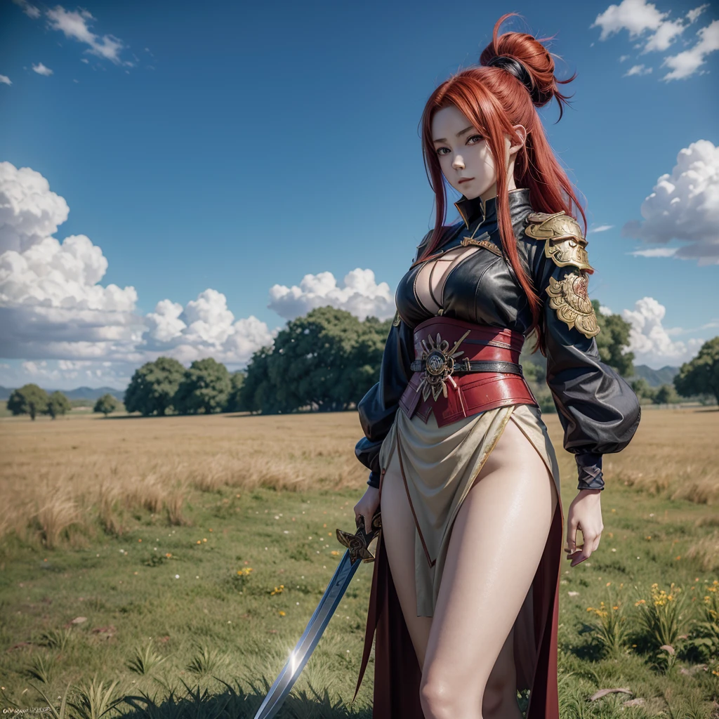 Anime girl with red hair and a sword standing in a field., Ayaka Genshin Impact, ayaka game genshin impact, anime goddess, shadowverse style, cushart krenz art key women, Artwork detailed by Onmyoji, seductive anime girl, 2. 5d cgi anime fantasy artwork, Onmyoji, beautiful and seductive anime woman