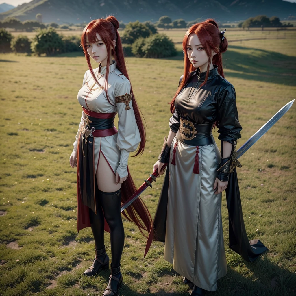 Anime girl with red hair and a sword standing in a field., Ayaka Genshin Impact, ayaka game genshin impact, anime goddess, shadowverse style, cushart krenz art key women, Artwork detailed by Onmyoji, seductive anime girl, 2. 5d cgi anime fantasy artwork, Onmyoji, beautiful and seductive anime woman