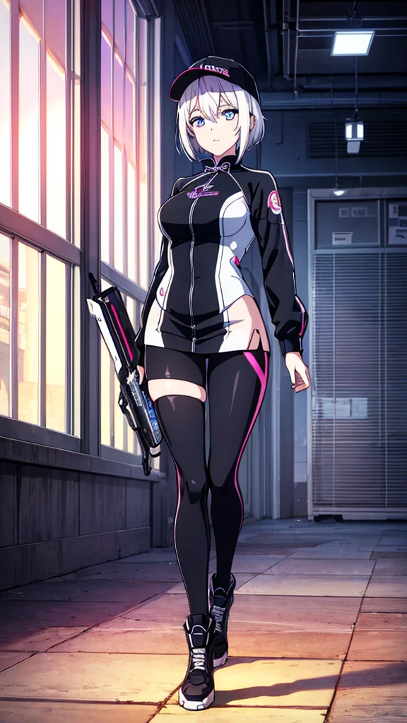 masterpiece, best quality, 4k, UHD, mishoujo, beautiful eyes and detailed face, illustration, beautiful detailed, high resolution illustration, glowing_white_particles, 1girl, white hair, light purple eye, hair over one eye, short side tail, baseball cap, expressionless, window shade, black cheongsam, cyberpunk, techwear, (Impressionism:1.4), full body portrait, cyberpunk city background, looking serious, 
