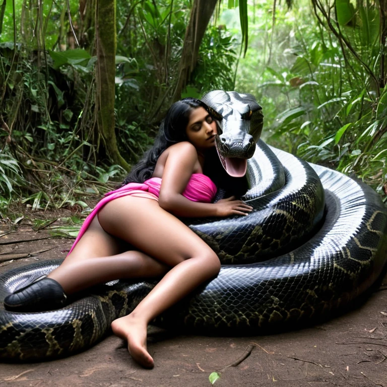  Topless  pink thong wearing aroused horny beautiful happy    Indian teen    vs  Giant colossal black anaconda    monster wrapped around her body squeezing her in coiled embrace cuddling and kissing  sexual erotic bestiality  sex  realistic in the rainforest full body, best quality wet 