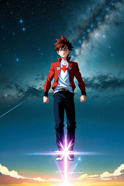 A photo of a boy with universe powers in an anime version with the word Sparki 