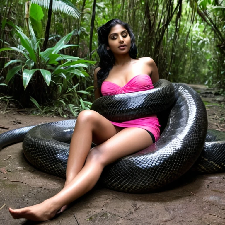 Topless pink thong wearing aroused horny beautiful happy young Indian girl vs Giant colossal black anaconda monster wrapped around her body squeezing her in coiled embrace cuddling and kissing sexual erotic bestiality sex realistic in the rainforest full body, best quality wet