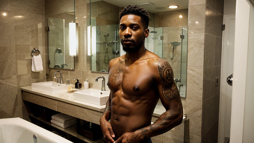 Black man. Model. Tatoo. Bathroom