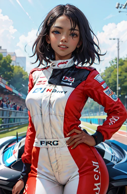 (work of art, best qualityer, hires, high resolution:1.2), (comely, Aesthetics, perfect, dainty, intricate:1.2), (Depth of field:1.2), (1 girl, standing alone), (mature woman), (darkskin, skin black, ebony:1.4), (a sexy racing driver leaning against the wall), (fleshy lips, Glossy lips), (shorth hair), (smiling), (racing driver uniform), (cowboy shot),