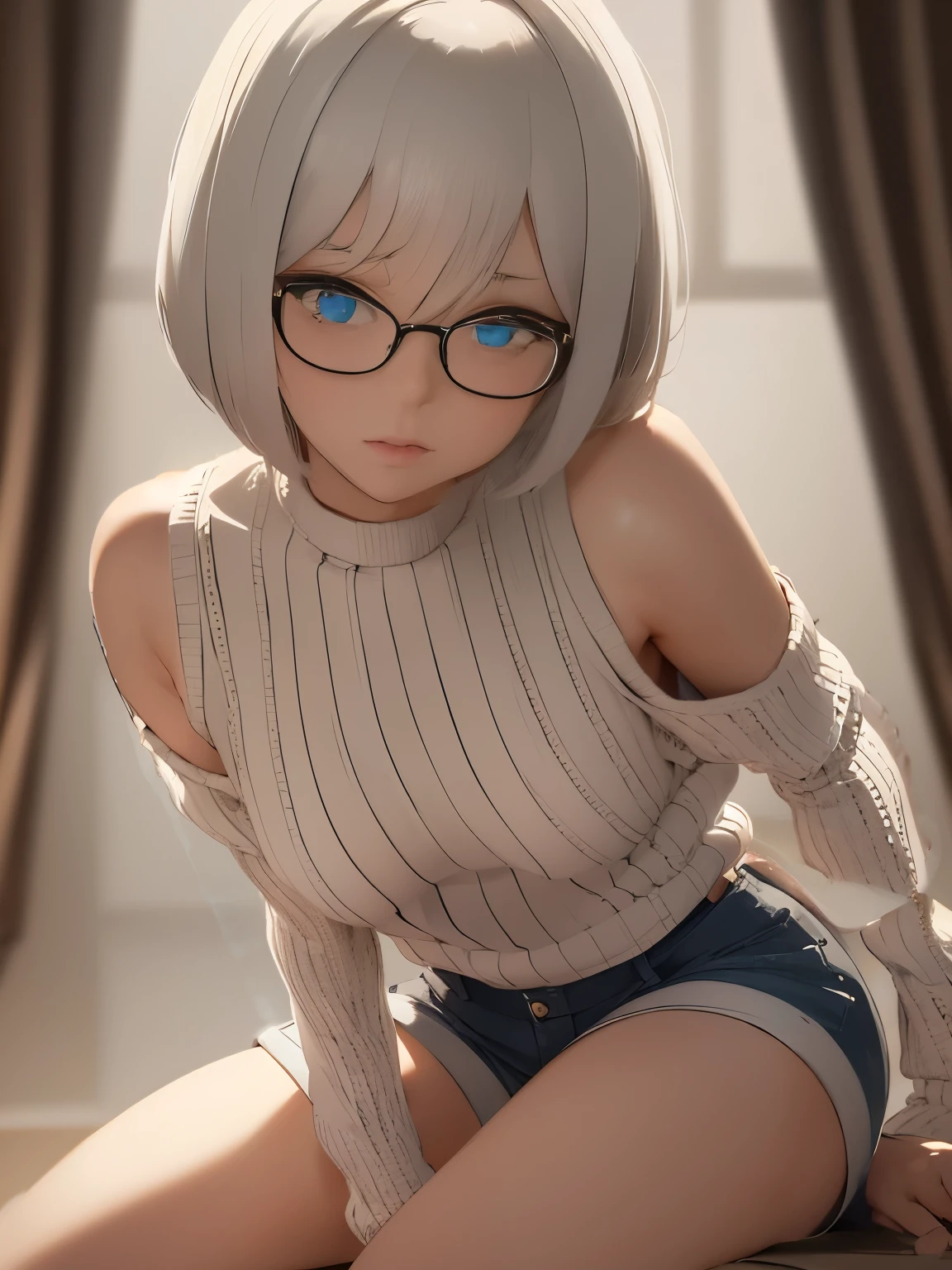 (1girl:1.3), Masterpiece, Best quality, amazing beauty, 4K, absurdres, finely detail, super detailed eye, perfect anatomy, official art, cinematic lighting, BREAK, Japanese-style room, silky bob cut, colored tips, white hair, super shiny detailed blue eyes, shy face, Joyful, BREAK , small breasts, skinny, slim, slender, sitting, head tilt, full body, BREAK , (knit sweater:1.2), (Shorts:1.2), (bare shoulders:1.2), BREAK,(Glasses,Perfect limbs)