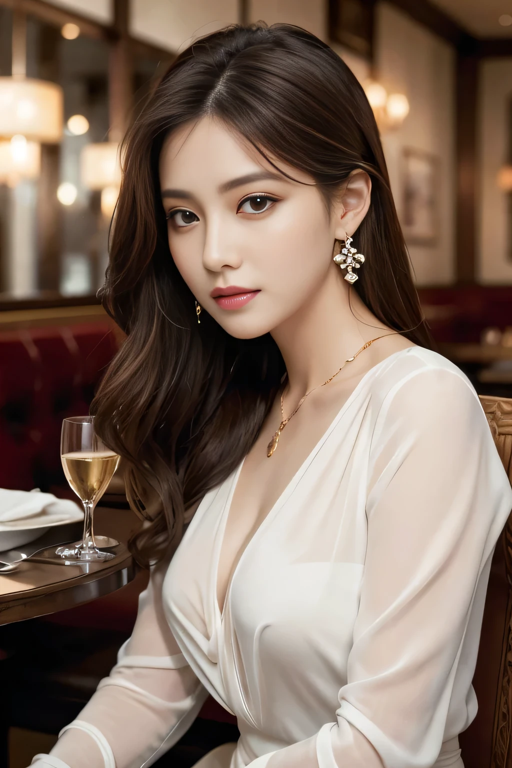 masterpiece, Highest quality, Realistic, Very detailed, Finer details, High resolution, 8k wallpaper, One beautiful woman, Wear an elegant white see-through blouse, In a great restaurant, At night, Light brown messy hair, Perfect dynamic composition, Beautiful and beautiful eyes、Big earrings、Sit on a chair、