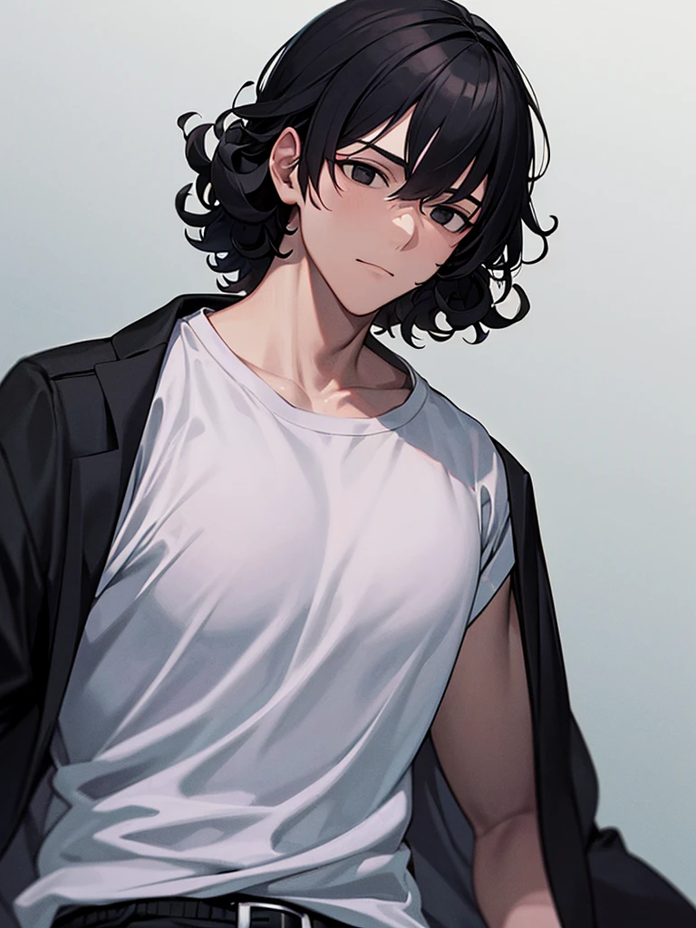 An adult man with curly black hair and black eyes, wearing a long white shirt and a white hat on his head