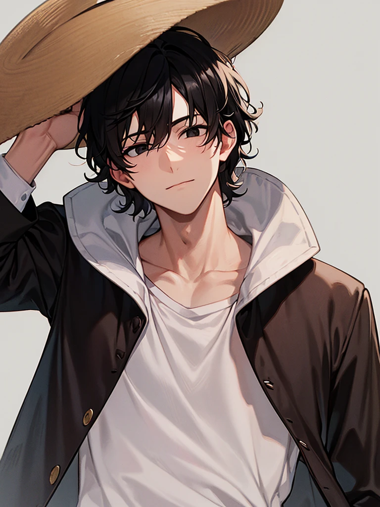 An adult man with curly black hair and black eyes, wearing a long white shirt and a white hat on his head