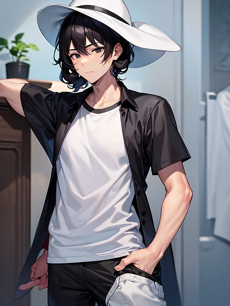 An adult man with curly black hair and black eyes, wearing a long white shirt and a white hat on his head