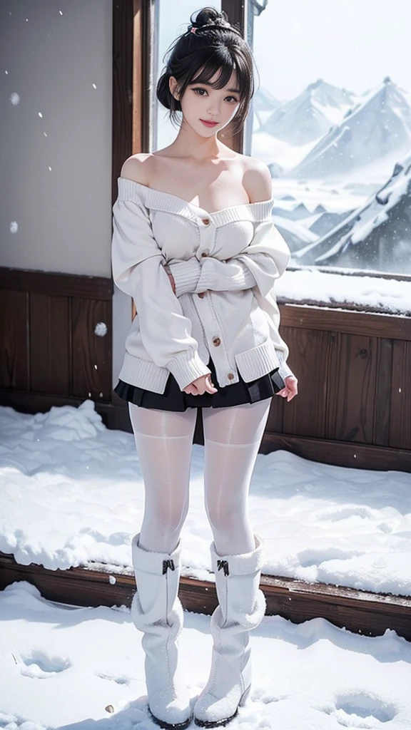 (RAW Shooting:1.2)、(Photorealistic:1.4)、(masterpiece:1.3)、(Top quality:1.4)、(Beautiful woman，Have a perfect body:1.4)、Japanese young women、(Kawaii:1.2)、(full-body shot)、(Mid-chest:1.3)、Beauty breasts、(Slender beautiful girl)、(sexy model posing:1.3)、Like a dream、Happy smiling face、(Beautifully detailed eyes)、(Charming big eyes)、(Nice double eyelids)、(Beautiful and delicate face)、(Short Bob:1.3)、Cute little、side fringe、Look at the audience、(Loose white cardigan、Off-shoulder、Tight mini skirt、Thick black pantyhose、snow boots:1.3)、(Beautiful thighs)、(Snow Mountain、Snow Scene:1.3)、Snowflakes dancing、Bokeh、