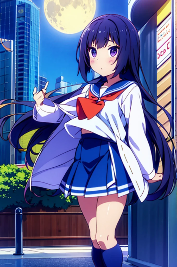 Shinjuku skyscraper district full moon night big moon elementary school girl 8-year-old flat chest black hair long hair eyes are purple ((1 person)) Cardigan on top of white long-sleeved sailor uniform Lower body navy blue miniskirt white panties white socks sports boots standing with the full moon behind ((white pantiesが見える)) from the front