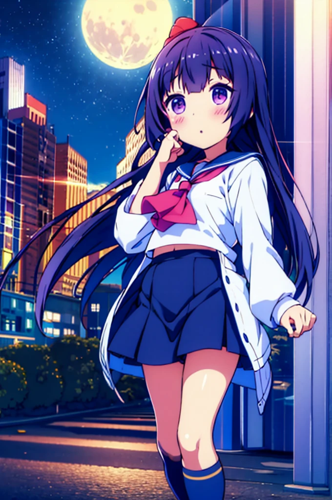 Shinjuku skyscraper district　full moon night　big moon　 girl　8-year-old　flat chelack r　long hair　eyes are purple　（（1 person））　Cardigan on top of white long-sleeved sailor uniform　Lower body navy blue miniskirt　white panties　white socks　sports boots　standing with the full moon behind　（（white pantiesが見える））　from the front
