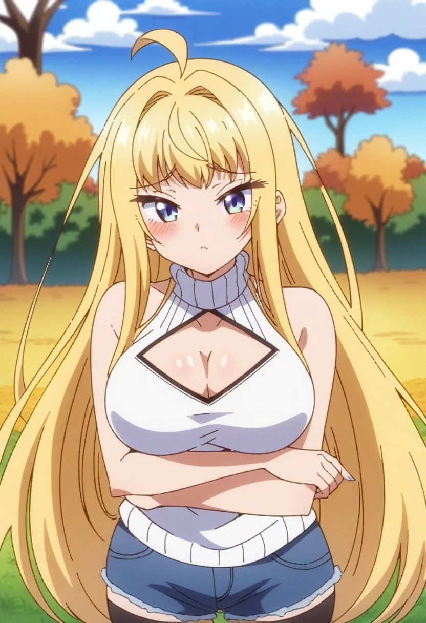 (anime art style), masterpiece, best quality, very aesthetic, absurdres, dynamic shadows, atmosferic, minamifuyuki, ((1girl)), antenna hair, blonde hair, long hair, sidelocks, ahoge, eyeslashes, blue eyes, large breasts, sexy, cleavage, white sneakers, turtleneck sweater, white sweater, cutout on cleavage, micro shorts, denim shorts, black thighhighs, bare arms, borrowed, embarrased, intense blush, ((upper body)), (from front), (grass), (afternoon), (autumn), (trees), (clouds), (standing), (looking at viewer:1.0)