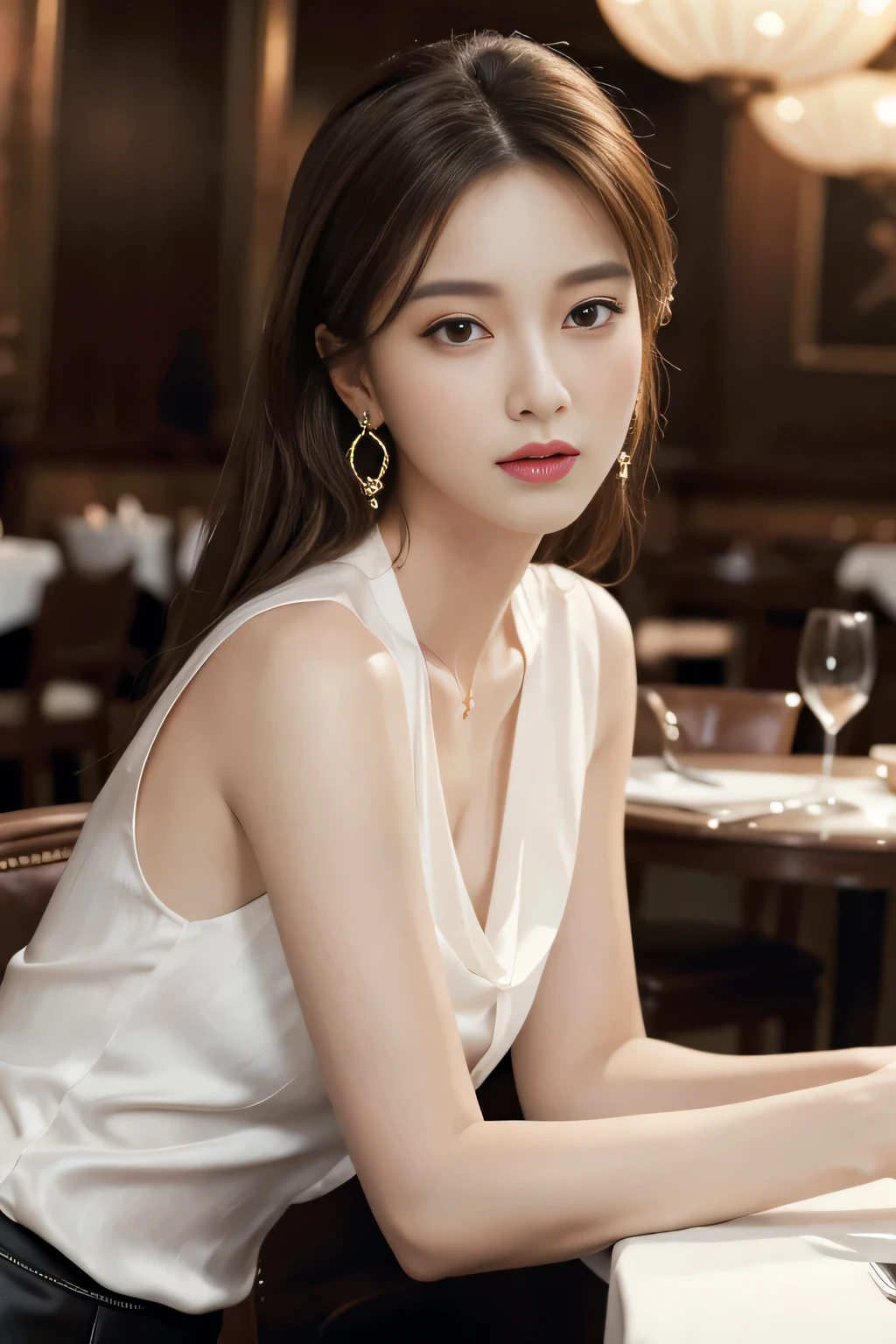 masterpiece, Highest quality, Realistic, Very detailed, Finer details, High resolution, 8k wallpaper, One beautiful woman, Wear an elegant white silk shirt, In a great restaurant, At night, Light brown messy hair, Perfect dynamic composition, Beautiful and beautiful eyes、Big earrings、Sit on a chair、Sleeveless shirt、