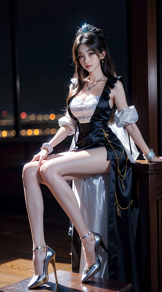shinano role play costume, role play, High Leg Raise, High heel, transparent, Fox Tail, Many tails, ((whole body)), ((Shot from random angles)), ((Sitting)), ((In class, Sitting on the podium)), (yushuxin,1 Girl,Solitary), Clear face, Pretty Face, 8K, masterpiece, original photo, best quality, detail:1.2,lifelike, detail, Very detailed, CG, Unite, wallpaper, Depth of Field, light, lens flare, Ray Tracing, (Extremely beautiful face, Beautiful lips, beautiful eyes), complex, detail的脸, ((ultra detailed skin)), 1 girl, in the darkness, Deep Shadows, Beautiful Korean girl, Korean Idol,(Very slim figure:1.3), Full breasts, Large Breasts, Slender sexy legs, Very beautiful legs, Elegant Posture, (A bright smile), (City night, (Neon), (night), Beautiful Korean girl, White Diamond Earrings, Bracelet diameter, Deya Necklace, Clear eyes, (big eyes)