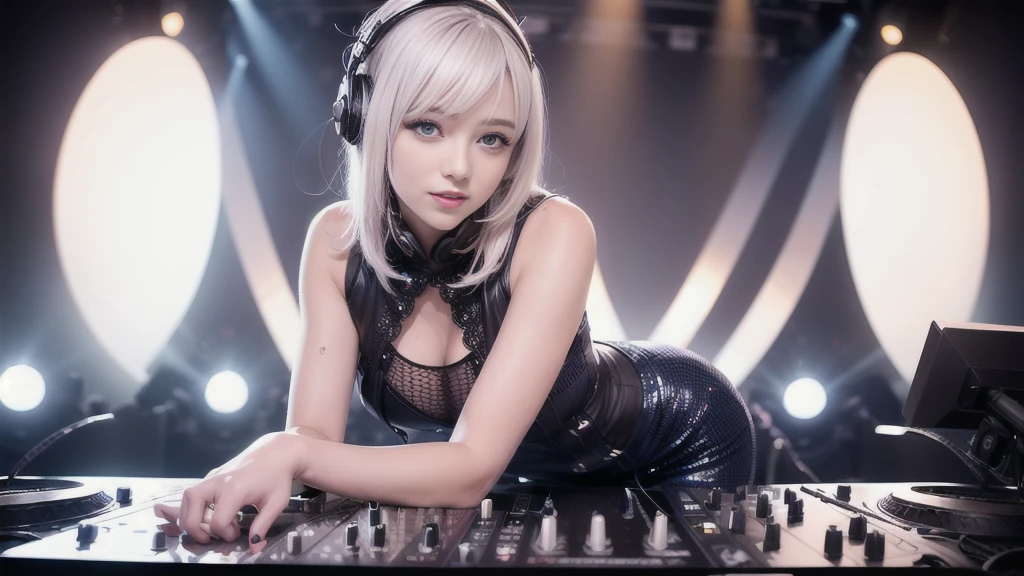 (ultra - detailed, 16K resolution, Cinema lenses, rendering by octane), (high resolution:1.18), intricate detail, (masterpiece:1.1), (highest quality:1.1), (1girl, portrait, white hair, blue eyes, short hair, detailed eyes),Wearing silver DJ headphones, Shiny silver sequined T-shirt, (Iconic hip-hop pop costumes:1.3), Smile while DJing on stage, full body shot of, The spotlight shines on the female DJ. Photorealistic photography by Disco Lighting, (cute round face:1.3), perfect fingers, five fingers, beautiful hands, perfect hands. master peace, cute smile.