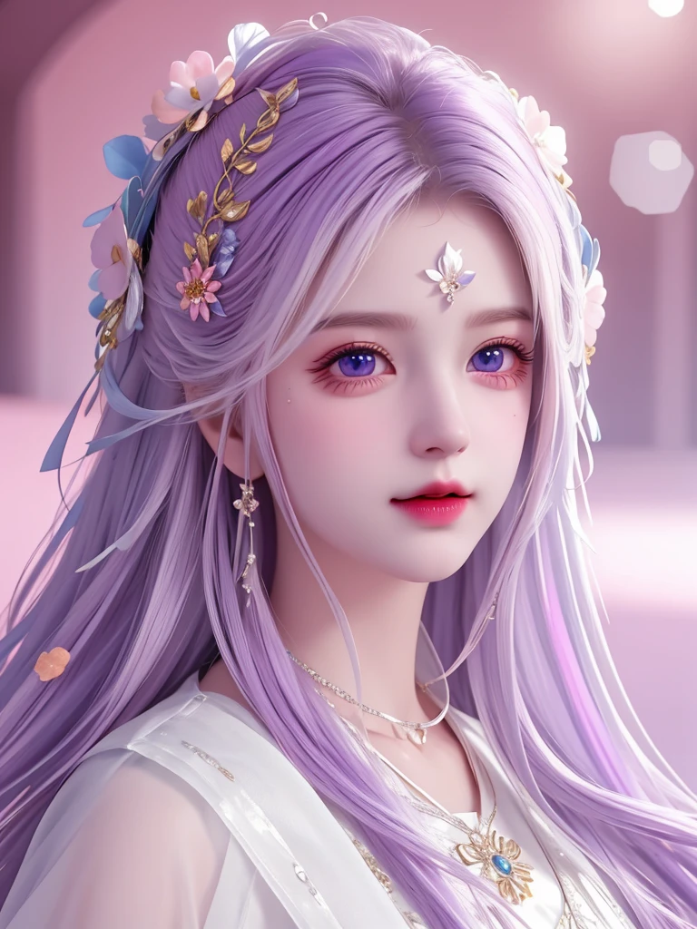 best quality, masterpiece, High target, There is a girl with a basket of flowers on her head, beautiful clothes, Hair Decorationss, necklace, Decorations, Pretty Face, When the body, Tyndall effect, Realistic Portraits, Edge lighting, Two-color light, (Very delicate skin:1.2), 8K uhd, Digital SLR Camera, Soft Light, high quality, Volumetric Lighting, Honest, photo, high resolution, 4K, 8K, Bokeh, White hair，purple hair ends, Pink Eyes.