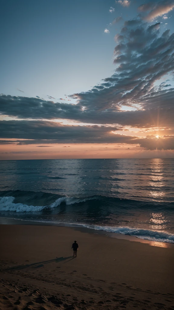 2 whales are swimming in the clouds, dusk, below there is a beautiful beach, a couple is walking and enjoying the view, realistic 8k