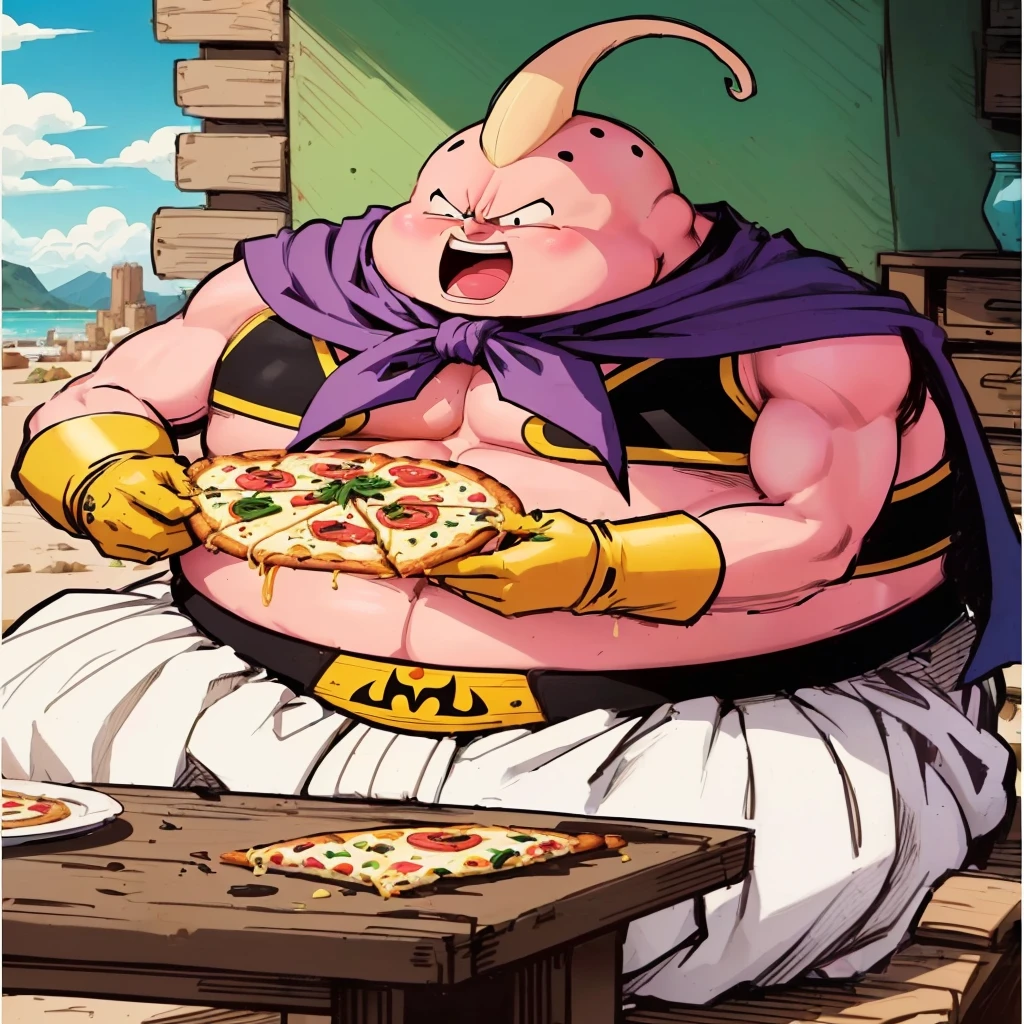 cartoon of a man with a pizza on his stomach sitting at a table, buttercup eating pizza, munching pizza, eating pizza, thanos eating a big mac, chef saitama one punch man, eating a pizza, official art, thicc, batman eating pizza, character dragonball, ๐ฅฅ ๐ hybrid, real life big mom, most strongest pose