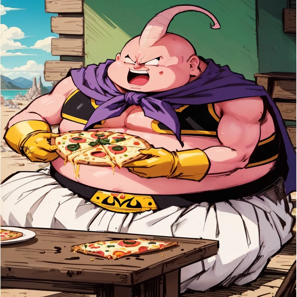 cartoon of a man with a pizza on his stomach sitting at a table, buttercup eating pizza, munching pizza, eating pizza, thanos eating a big mac, chef saitama one punch man, eating a pizza, official art, thicc, batman eating pizza, character dragonball, 🥥 🍕 hybrid, real life big mom, most strongest pose