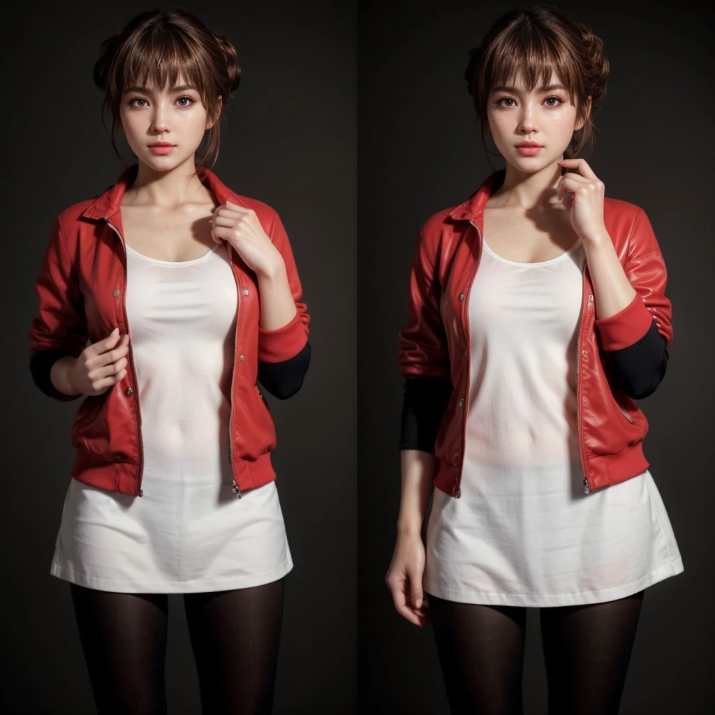 Kasumi, brown eyes, (best quality, ultra-detailed), (realistic:1.37), beautiful and detailed face, ultra-realistic texture, delicate face, delicate body, red lipstick, bright colors. High definition, 8K.