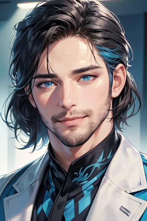 a handsome 35 year old man, 3 day beard, dark hair, sharp jawline, (mesmerizing blue eyes), perfectly styled hair, wearing cool anime outfitt, dynamic lighting, (CEO), (expression, smile in love), (best quality,4k,8k,highres,masterpiece:1.2),ultra-detailed,(realistic,photorealistic,photo-realistic:1.37)