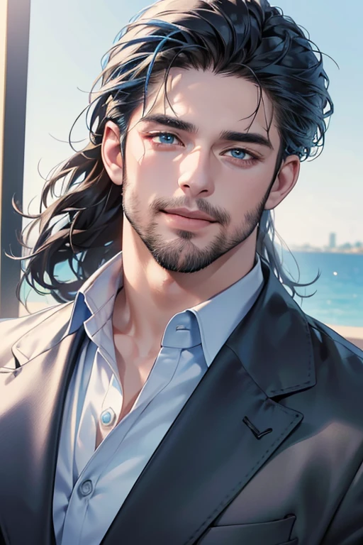 a handsome 35 year old man, 3 day beard, dark hair, sharp jawline, (mesmerizing blue eyes), perfectly styled hair, wearing cool anime outfitt, dynamic lighting, (CEO), (expression, smile in love), (best quality,4k,8k,highres,masterpiece:1.2),ultra-detailed,(realistic,photorealistic,photo-realistic:1.37)