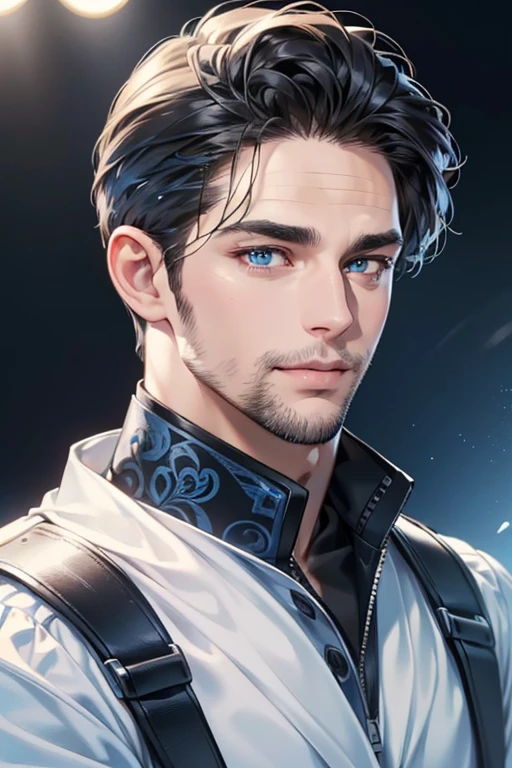 a handsome 35 year old man, 3 day beard, dark hair, sharp jawline, (mesmerizing blue eyes), perfectly styled hair, wearing cool anime outfitt, dynamic lighting, (CEO), (expression, smile in love), (best quality,4k,8k,highres,masterpiece:1.2),ultra-detailed,(realistic,photorealistic,photo-realistic:1.37)