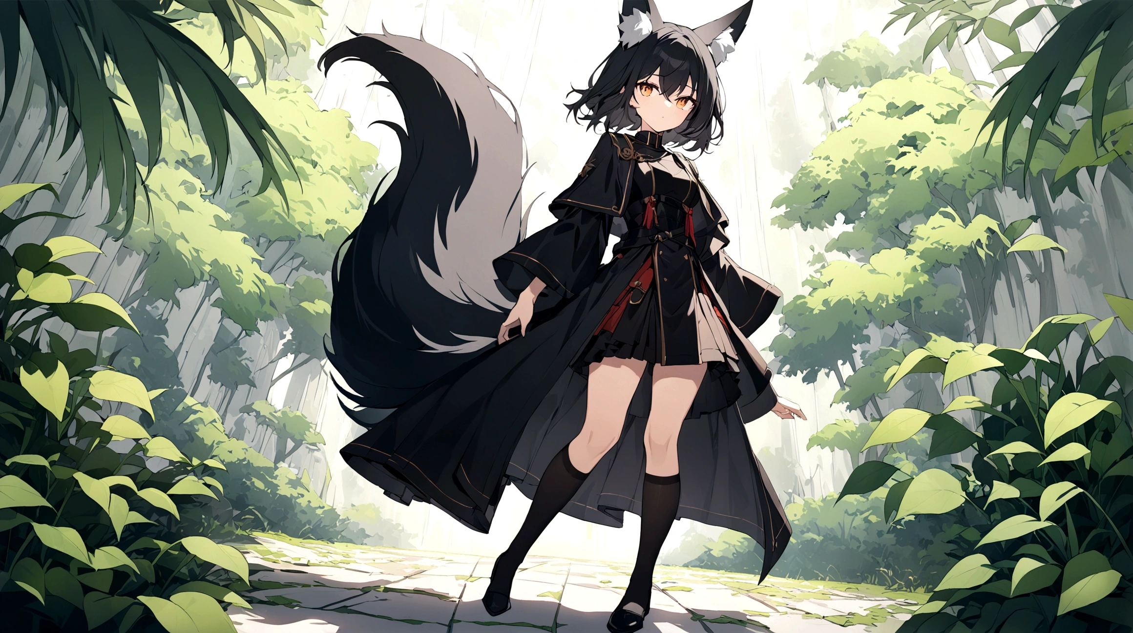 (1girl, Masterpiece, best quality) (detailed and beautiful eyes:1.6) (perfect hands, perfect anatomy) ((full body)) (Adult body) fox-girl Misaki has ((short black hair styled in a slightly tousled manner and her fox ears are perked up attentively.)) ((She wears a black, adventurer leather armor, coat)) Her outfit includes a leather straps, emphasizing a combination of practicality) and elegance. She has a one black, big **fluffy** fox tail. She has a black long over-to-knee socks. Misaki's orange eyes exude a sense of mystery and confidence. Light filtering through the leaves create a serene yet enigmatic atmosphere. Her standing positon showcases her strength, adultness and readiness for battle.