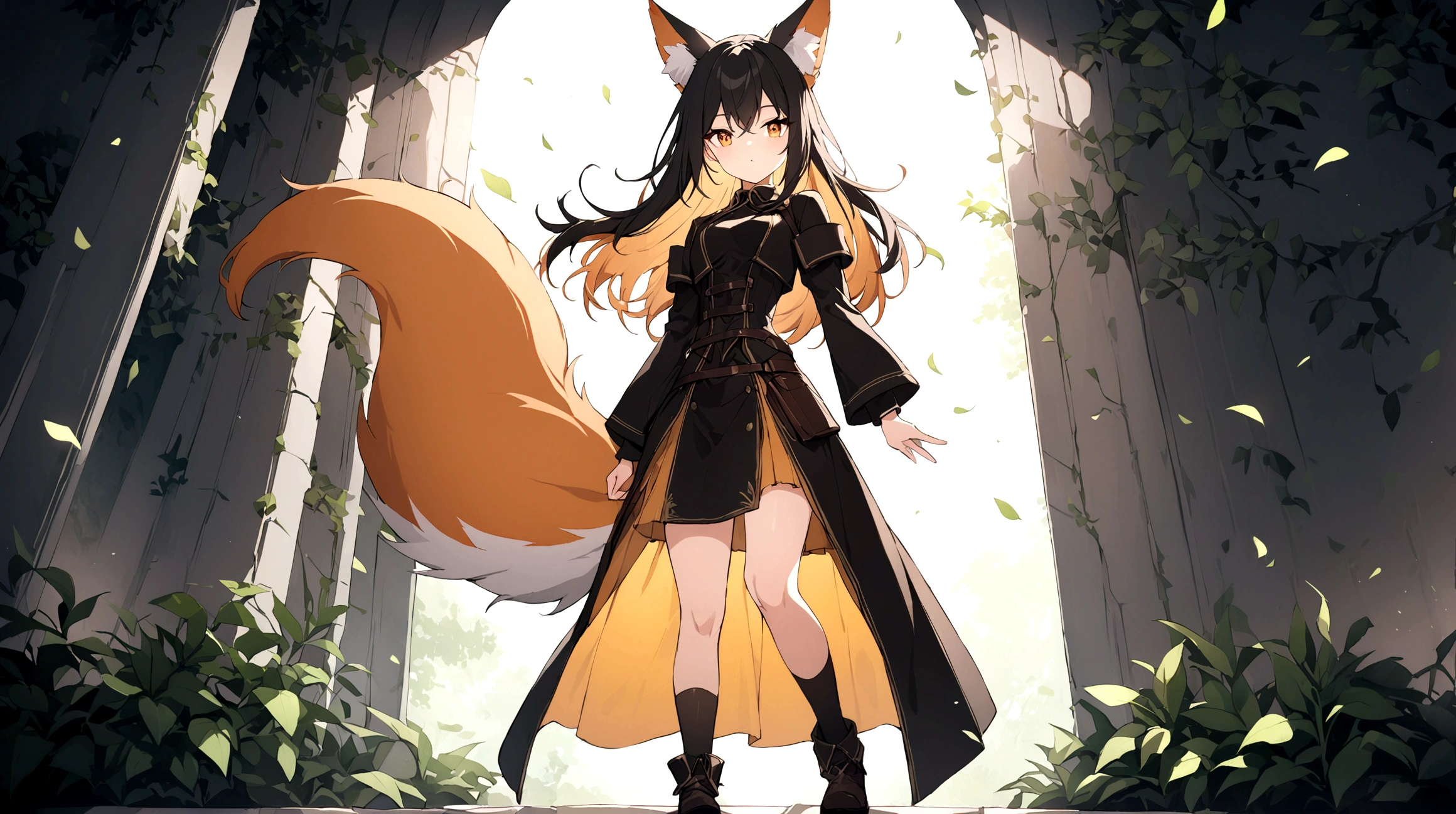 (1girl, Masterpiece, best quality) (detailed and beautiful eyes:1.6) (perfect hands, perfect anatomy) ((full body)) (Adult body) fox-girl Misaki has ((short black hair styled in a slightly tousled manner and her fox ears are perked up attentively.)) ((She wears a black, adventurer leather armor, coat)) Her outfit includes a leather straps, emphasizing a combination of practicality) and elegance. She has a one black, big **fluffy** fox tail. She has a black long over-to-knee socks. Misaki's orange eyes exude a sense of mystery and confidence. Light filtering through the leaves create a serene yet enigmatic atmosphere. Her standing positon showcases her strength, adultness and readiness for battle.