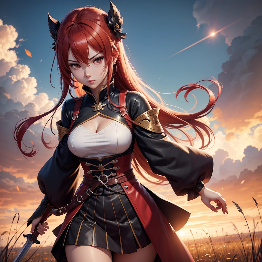 Anime girl with red hair and a sword standing in a field., Ayaka Genshin Impact, ayaka game genshin impact, anime goddess, shadowverse style, cushart krenz art key women, Artwork detailed by Onmyoji, seductive anime girl, 2. 5d cgi anime fantasy artwork, Onmyoji, beautiful and seductive anime woman