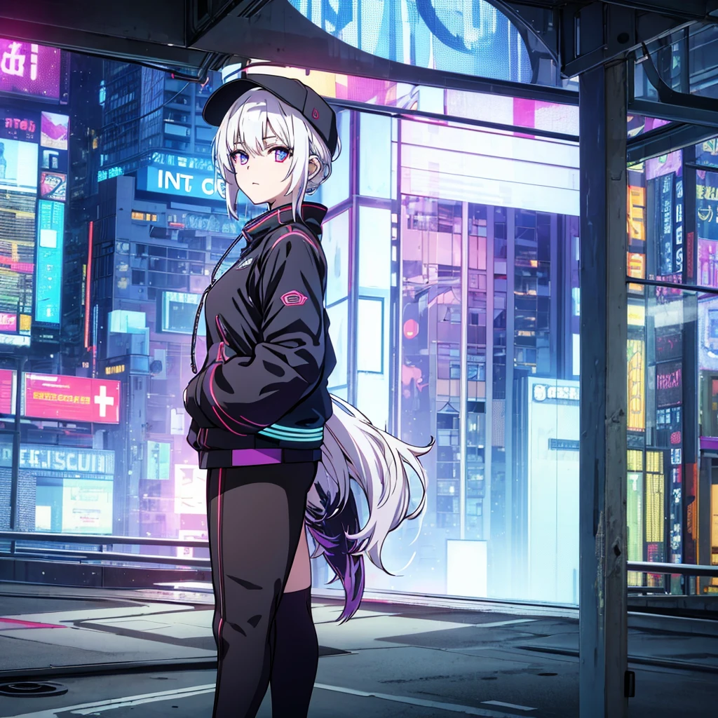 masterpiece, best quality, 4k, UHD, mishoujo, beautiful eyes and detailed face, illustration, beautiful detailed, high resolution illustration, glowing_white_particles, 1girl, white hair, light purple eye, hair over one eye, short side tail, baseball cap, expressionless, window shade, black cheongsam, cyberpunk, techwear, (Impressionism:1.4), full body portrait, cyberpunk city background, looking serious, 
