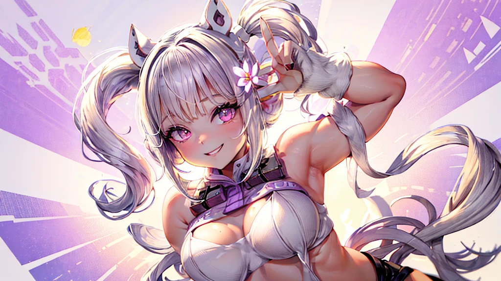 Creating an illustration of a woman, white cat ear, long white twintails, purple cat eyes, Tanned skin, big breasts, She is happy and smiling, She has claws on her fingertips, She has a white cat's tail, She is wearing a little black crop top and a black mini skirt, She is having fun in a flower field.