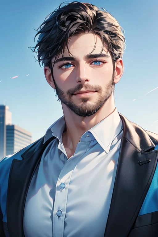 a handsome 35 year old man, 3 day beard, dark hair, sharp jawline, (mesmerizing blue eyes), perfectly styled hair, wearing cool anime outfitt, dynamic lighting, (CEO), (expression, smile in love), (best quality,4k,8k,highres,masterpiece:1.2),ultra-detailed,(realistic,photorealistic,photo-realistic:1.37)