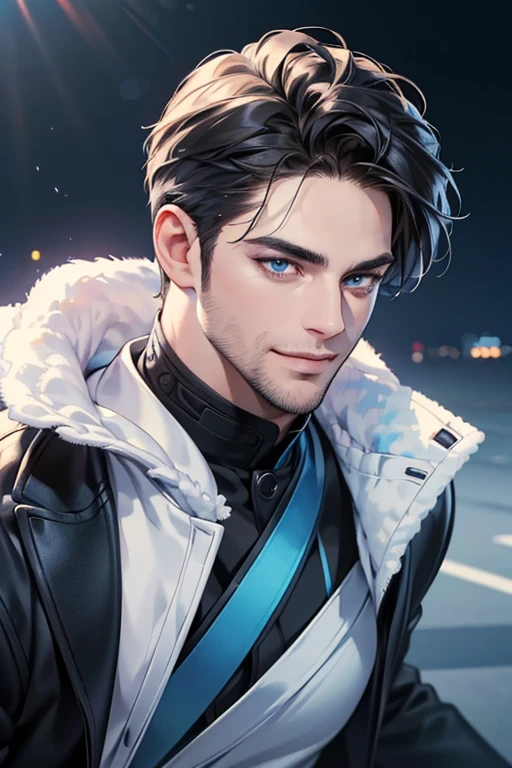 a handsome 35 year old man, 3 day beard, dark hair, sharp jawline, (mesmerizing blue eyes), perfectly styled hair, wearing cool anime outfitt, dynamic lighting, (CEO), (expression, smile in love), (best quality,4k,8k,highres,masterpiece:1.2),ultra-detailed,(realistic,photorealistic,photo-realistic:1.37)