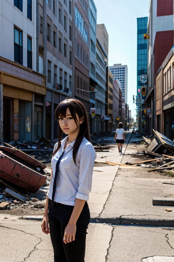 anime girl standing in a downtown city street in ruins