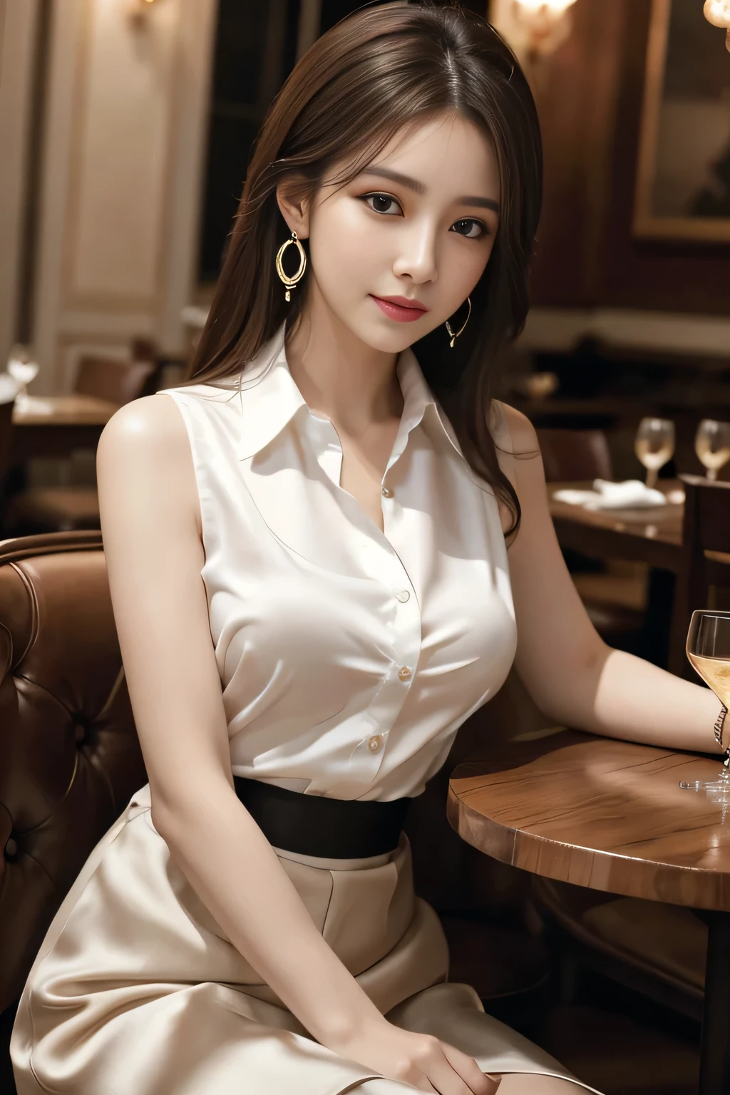 masterpiece, Highest quality, Realistic, Very detailed, Finer details, High resolution, 8k wallpaper, One beautiful woman, Wear an elegant white silk shirt, In a great restaurant, At night, Light brown messy hair, Perfect dynamic composition, Beautiful and beautiful eyes、Big earrings、Sit on a chair、Sleeveless shirt、