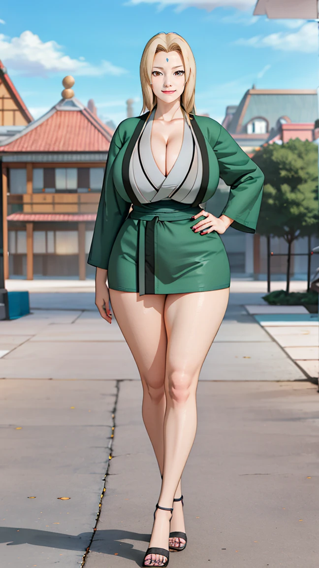 Big Breasts, Big Hips, Full Body Shot, Mature mother, Voluptuous thighs, ox, Seductive mature woman, Perfect body, Plus Size Model,, Wearing high heels,Tight mini skirt, Tsunade、Micro bikini top、Grinning face、Breasts overflowing from bikini、gigantic droopy tits cleavage、Photograph faces、Focus on the face