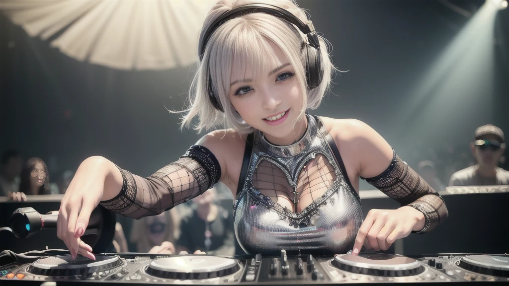 (ultra - detailed, 16K resolution, Cinema lenses, rendering by octane), (high resolution:1.18), intricate detail, (masterpiece:1.1), (highest quality:1.1), (1girl, portrait, white hair, blue eyes, short hair, detailed eyes),Wearing silver DJ headphones, Shiny silver sequined T-shirt, (Iconic hip-hop pop costumes:1.3), Smile while DJing on stage, full body shot of, The spotlight shines on the female DJ. Photorealistic photography by Disco Lighting, (cute round face:1.3), perfect fingers, five fingers, beautiful hands, perfect hands. master peace, cute smile.