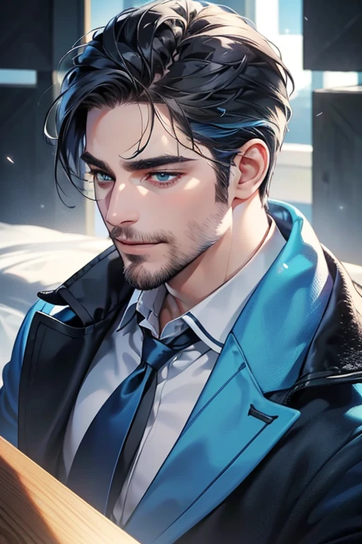 a handsome 35 year old man, 3 day beard, dark hair, sharp jawline, (mesmerizing blue eyes), perfectly styled hair, wearing cool anime outfitt, dynamic lighting, (CEO), (expression, smile in love), (best quality,4k,8k,highres,masterpiece:1.2),ultra-detailed,(realistic,photorealistic,photo-realistic:1.37)