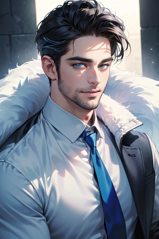 a handsome 35 year old man, 3 day beard, dark hair, sharp jawline, (mesmerizing blue eyes), perfectly styled hair, wearing cool anime outfitt, dynamic lighting, (CEO), (expression, smile in love), (best quality,4k,8k,highres,masterpiece:1.2),ultra-detailed,(realistic,photorealistic,photo-realistic:1.37)