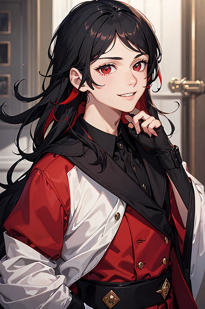 ((best quality)), ((masterpiece)), (detailed), boy in black and red coat, small smile showing teeth, black hair with red highlights in the front , small scar on lips