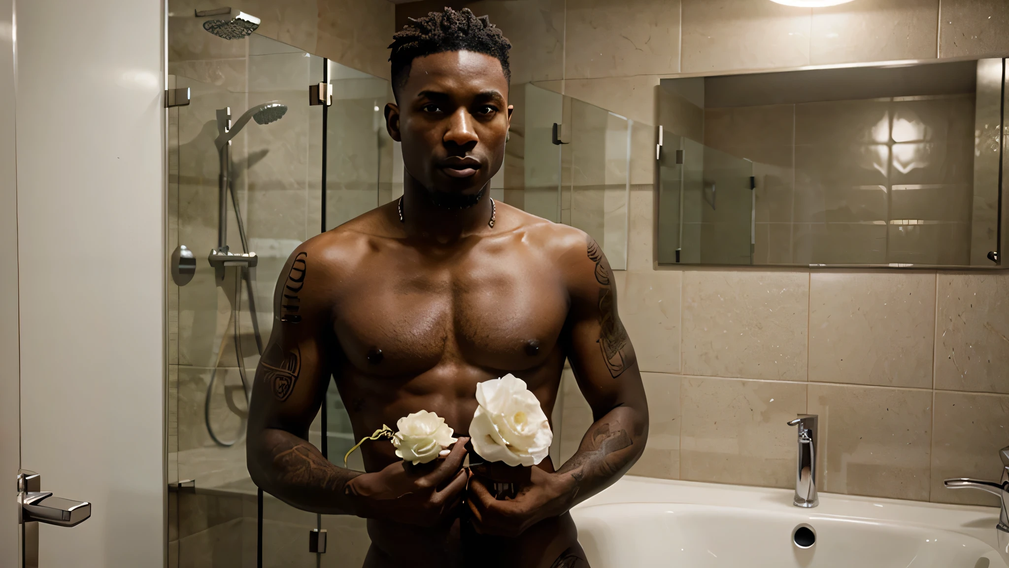 Black man. Model. Tatoo. Bathroom