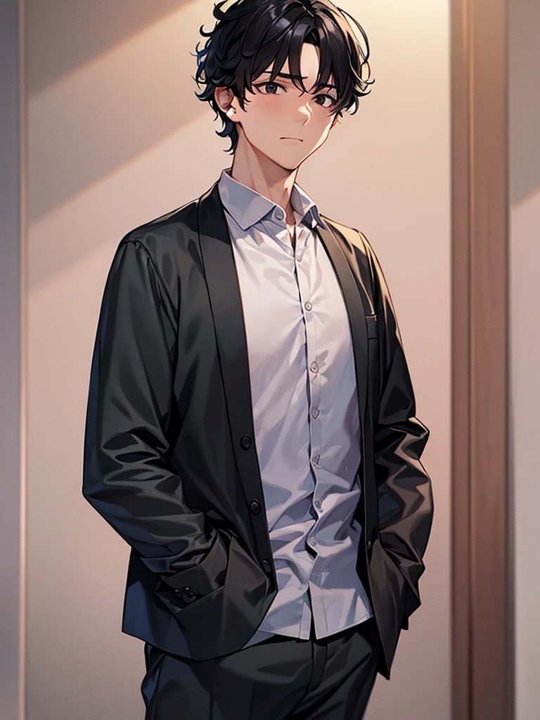 An adult man with curly black hair and black eyes, wearing a long white long-sleeved shirt