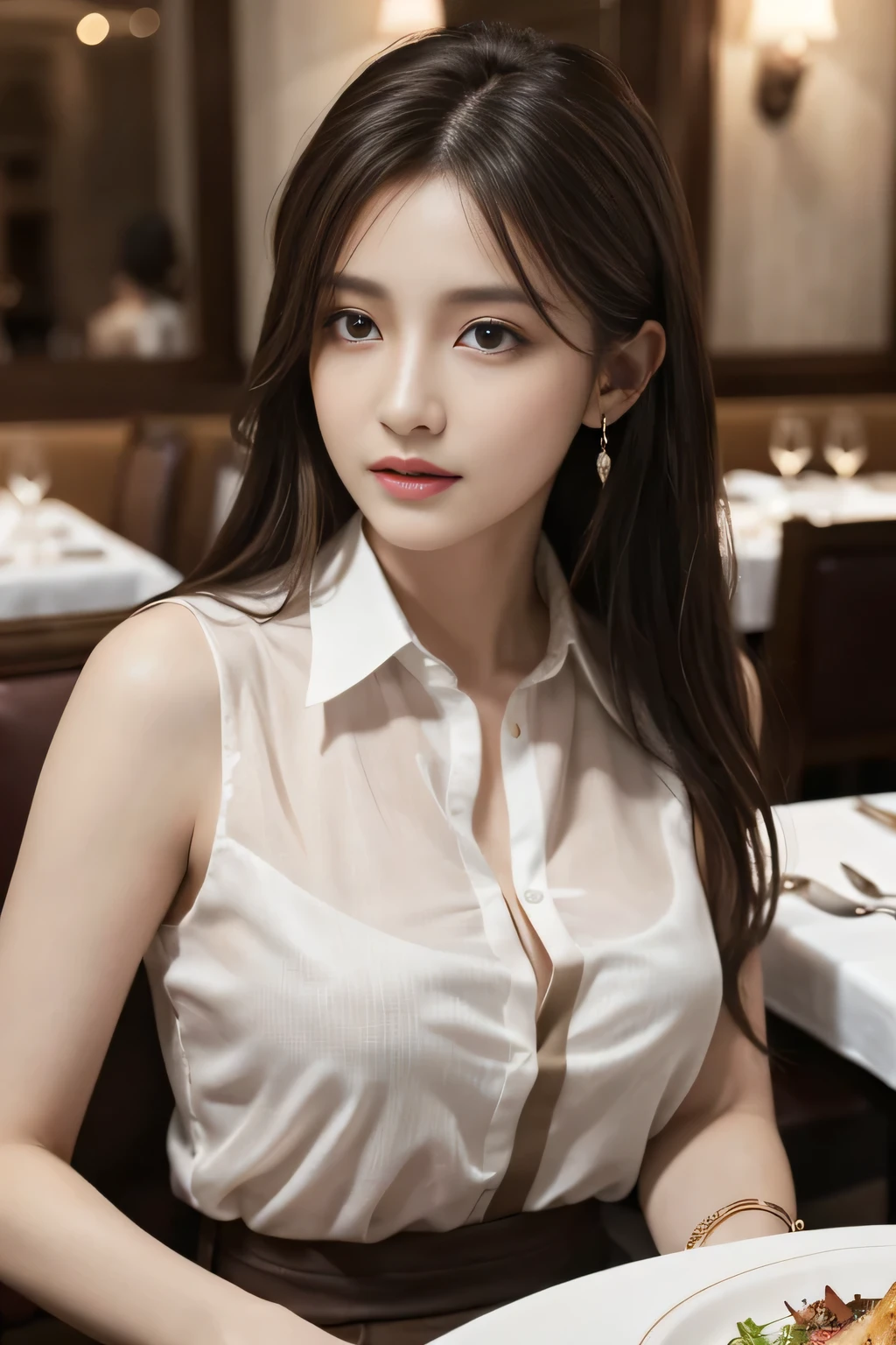 masterpiece, Highest quality, Realistic, Very detailed, Finer details, High resolution, 8k wallpaper, One beautiful woman, Wear an elegant white see-through shirt, In a great restaurant, At night, Light brown messy hair, Perfect dynamic composition, Beautiful and beautiful eyes、Big earrings、Sit on a chair、Sleeveless shirt、