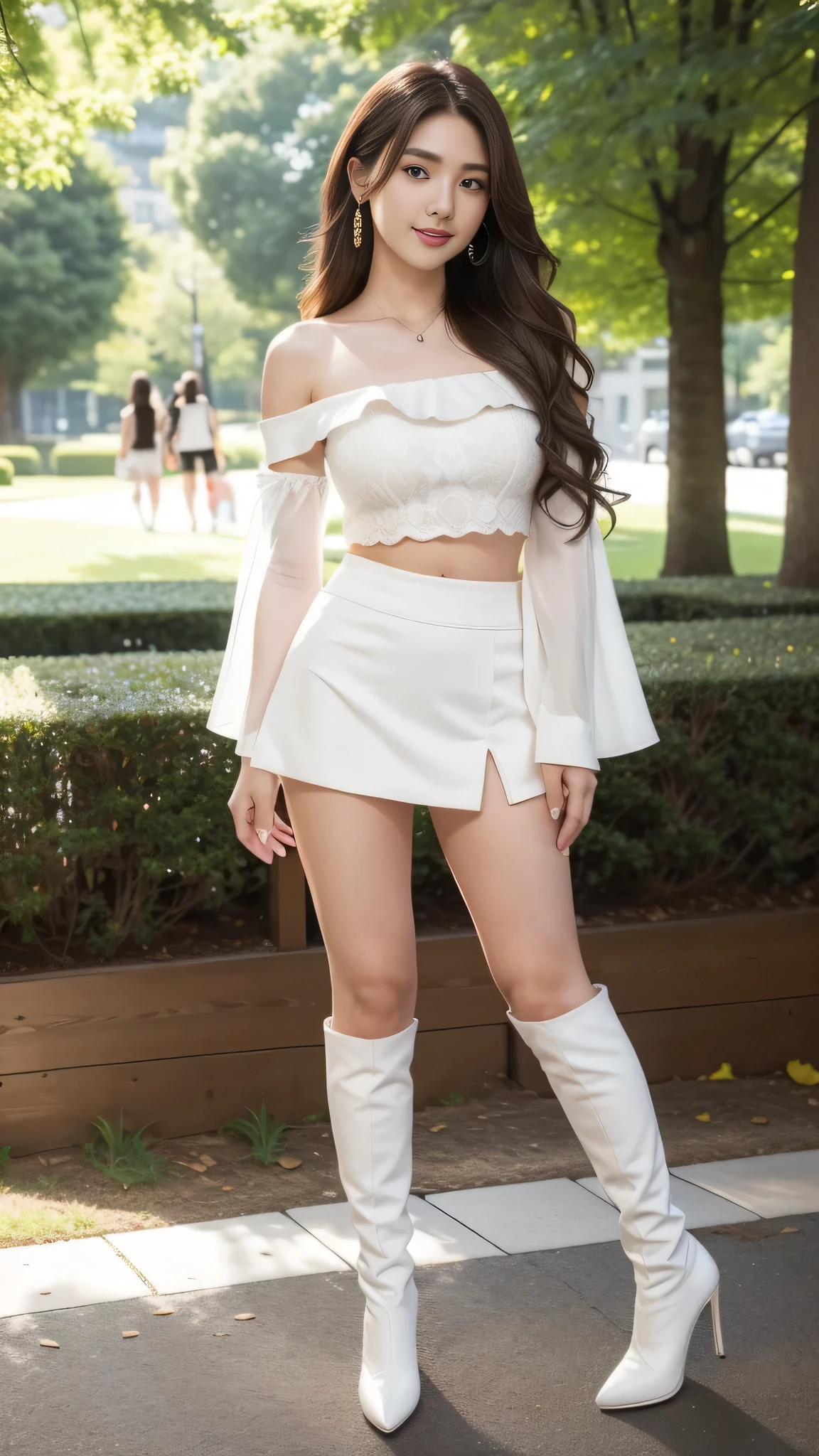 (Brown layered wavy hair),Heavy makeup、(18 year old,Japanese):1.2、8K, Seductive smile,tall:1.4、a small face、Nikon Z 85mm, ((Best Quality)) ,((masterpiece)), intricate detailes, Professional, Realistic, Photorealistic、 ((Strapless,Baretop midriff,Sexy mini skirt)):1.2、(Walking in the park):1.2, large earring、(White Stretch knee boots with high stiletto heels、Pointed toe):1.2、Full body shot